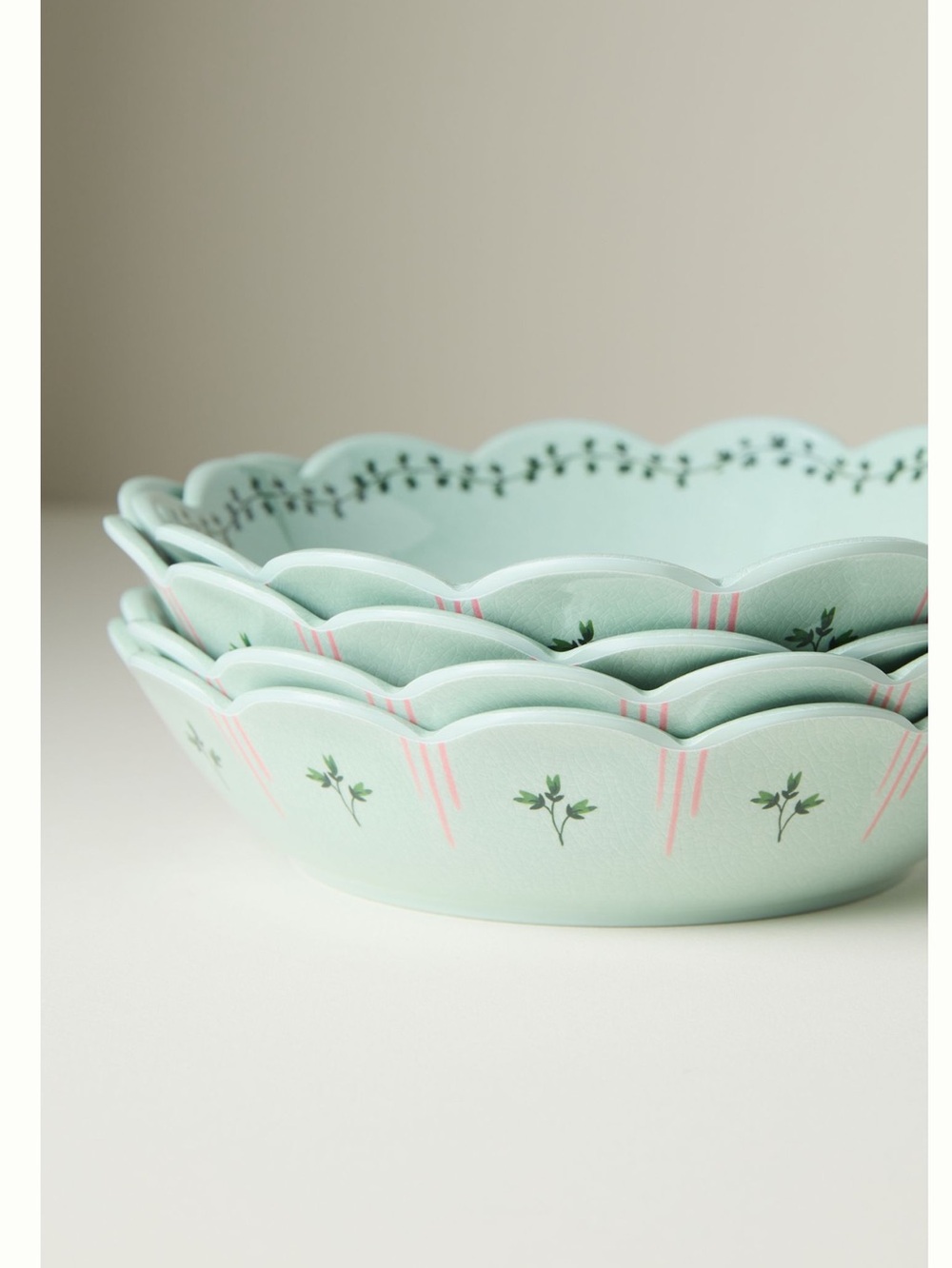 Anthropologie Annette Melamine Bowls Scalloped Sky Green Floral Set of 4 Large